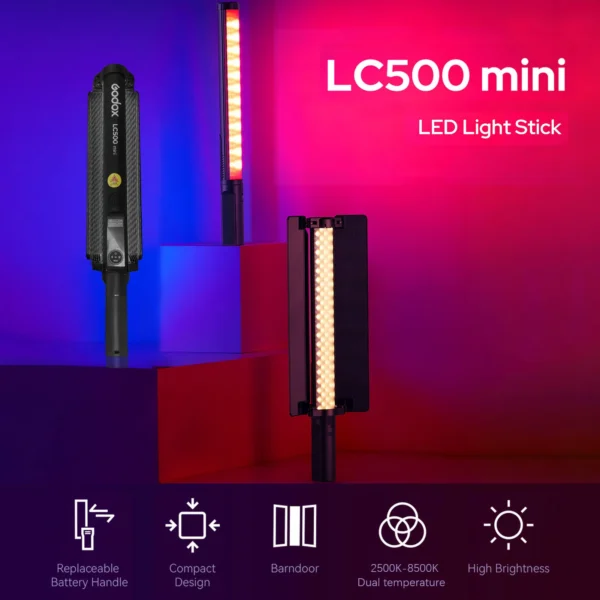 Godox LC500R Mini RGB LED Light Stick Lighting Adjustable 360° Full Color with Barndoor