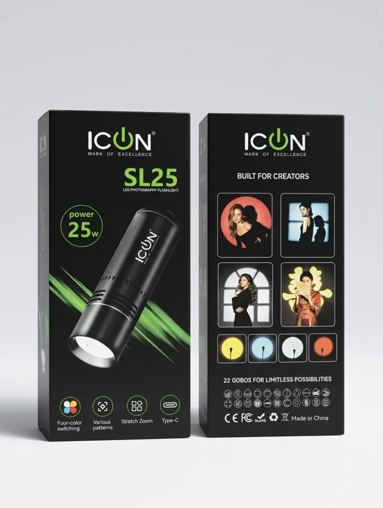ICON SL25 RGB Video Light for Photography & Content Creation with 4 Colors Gobo Filters 25W Portable LED Video Fill Light / Torch Light / Spot Light